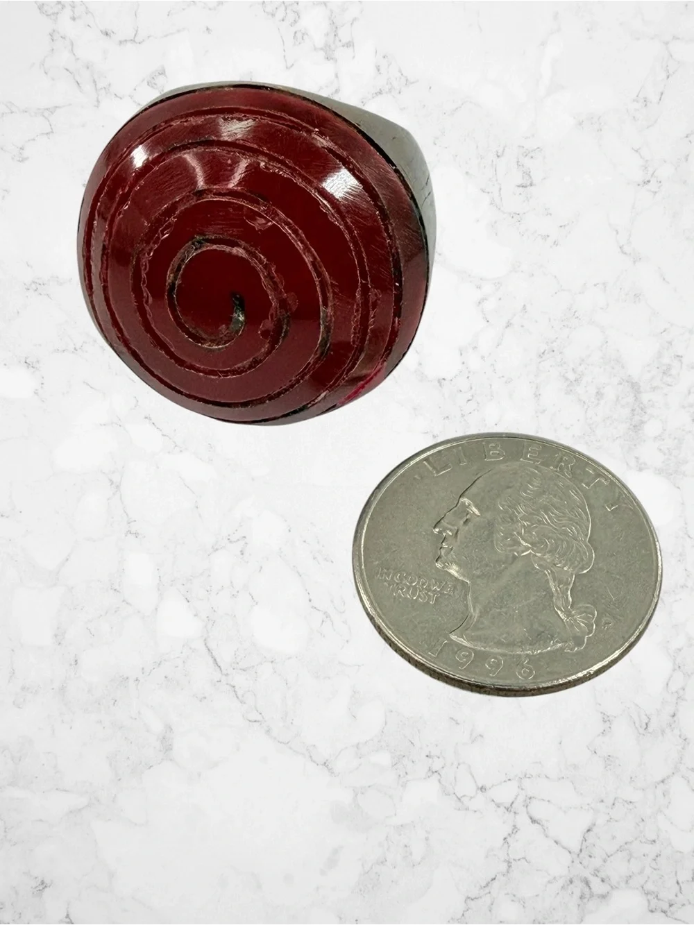 Unique Hand Carved Wood Red Burgundy Lacquered Spiral Chunky Boho Ring Bullseye